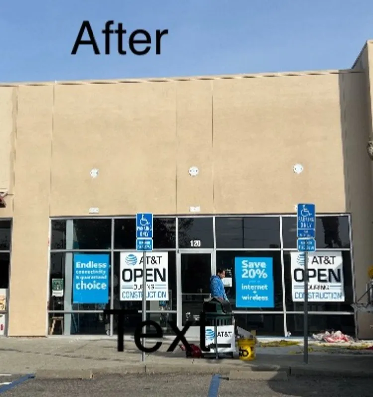 Completed stucco facade at the AT&T store (after) — commercial stucco repair in the Bay Area