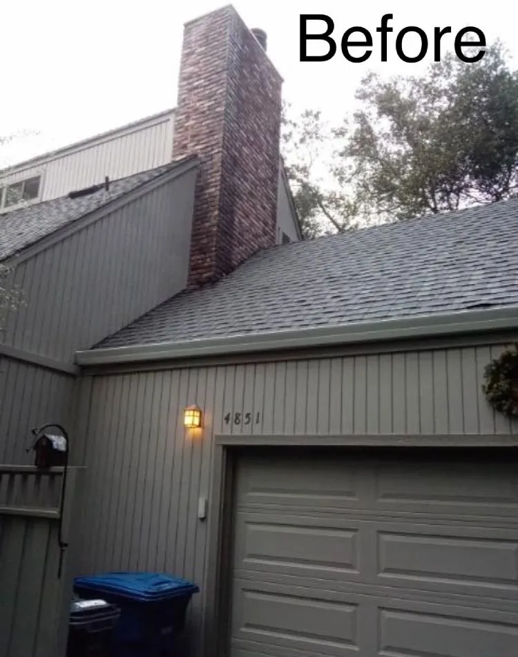 Aging brick chimney before waterproofing and stucco cladding (before) — leaking brick facade repair