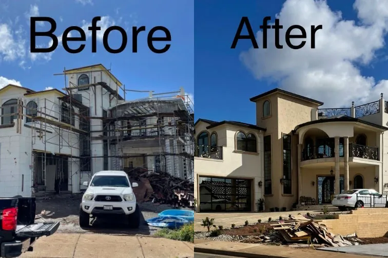 Side-by-side before and after of a custom stucco estate, from scaffolding to finished facade