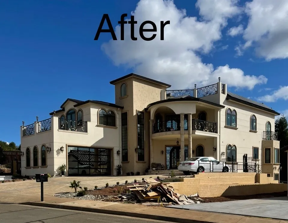 Front elevation of the completed custom stucco estate with cast stone accents (after) — Santa Rosa